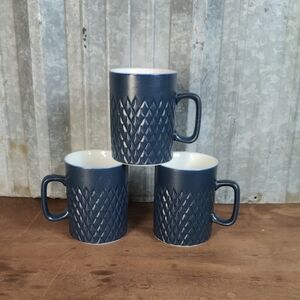 Vintage Kasuga Ware Navy Blue Diamond Pattern Mugs (Set Of 3)